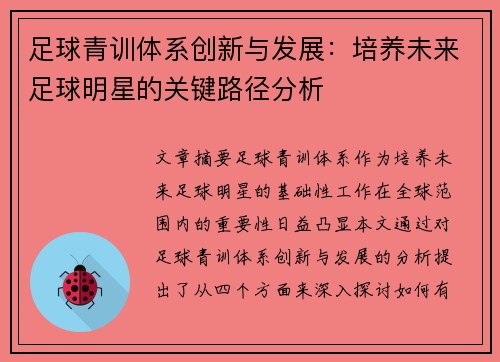 足球青训体系创新与发展：培养未来足球明星的关键路径分析