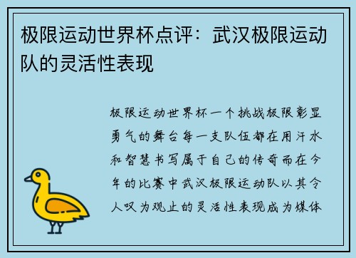 极限运动世界杯点评：武汉极限运动队的灵活性表现