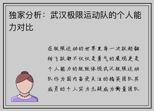 独家分析：武汉极限运动队的个人能力对比