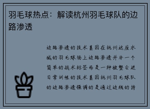 羽毛球热点：解读杭州羽毛球队的边路渗透