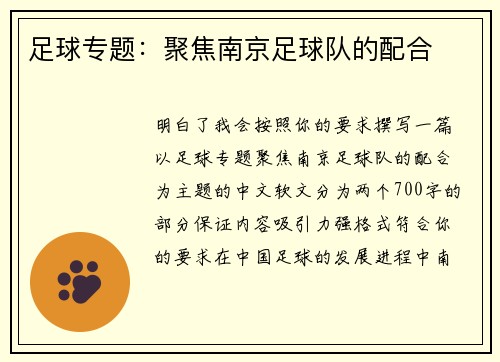 足球专题：聚焦南京足球队的配合